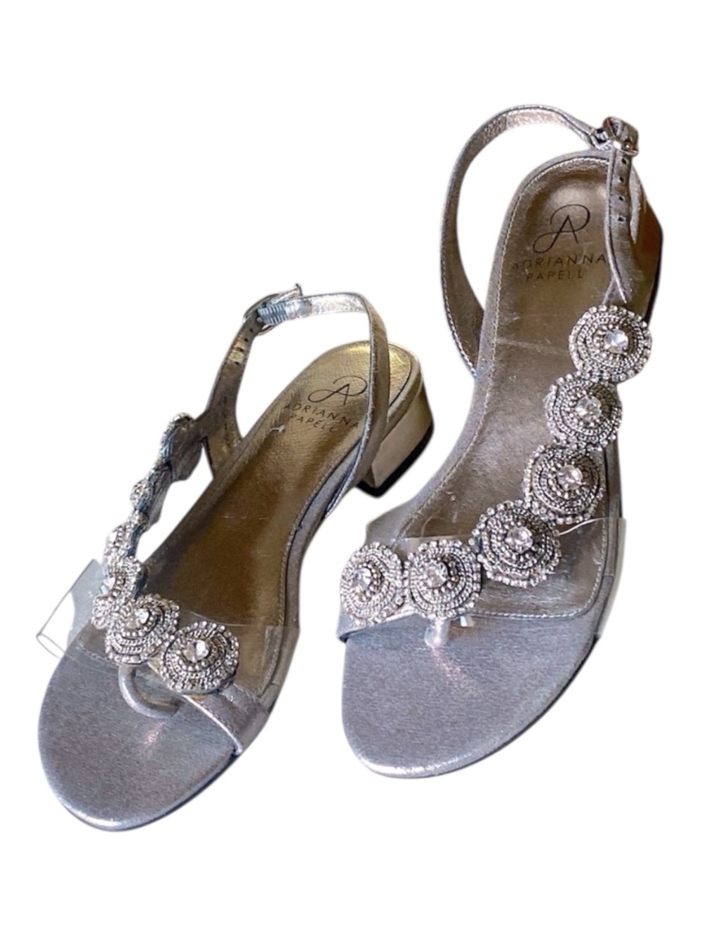 ADRIANNA PAPELL Leather Flat Slingback Sandal Gun Metal Rhinestones Size…